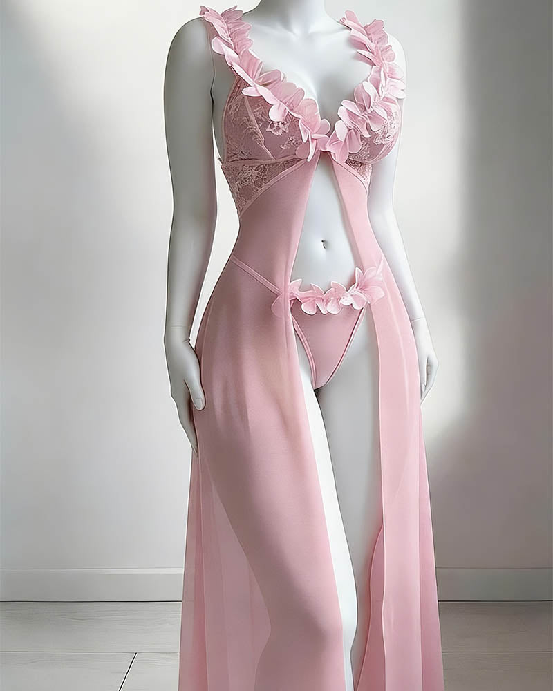 Pink sheer mesh maxi skirt set with floral lace trim and matching thong
