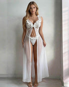 White sheer mesh maxi skirt set with floral lace bodice and matching thong