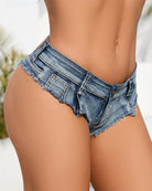 Blue denim jean shorts, distressed seams and frayed cuff hem