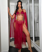 Red sheer halter lingerie set with gold tassel chain bra, high-slit skirt, drape sleeves