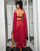 Red sheer lingerie set with gold halter bra, open-back high-slit skirt, arm sleeves