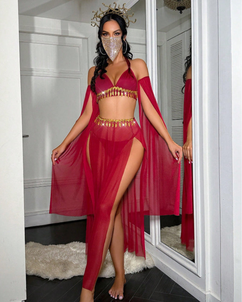 Red sheer halter lingerie set with gold tassel chain bra, high-slit skirt, arm sleeves
