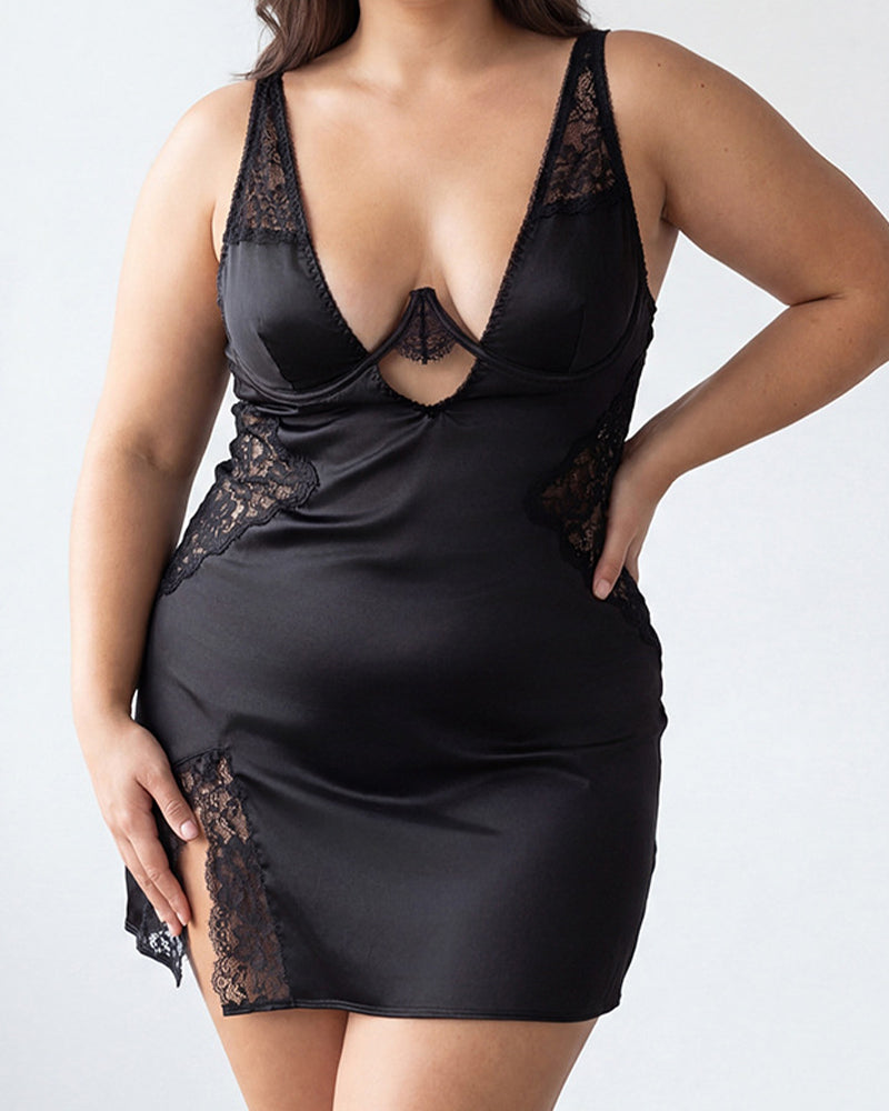 Black satin lace chemise slip dress with deep V neckline and lace side panels