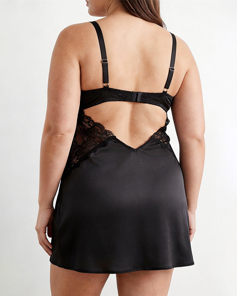 Black satin chemise with lace back cutout and adjustable spaghetti straps