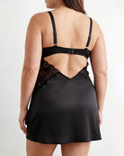 Black satin chemise with lace back cutout and adjustable spaghetti straps