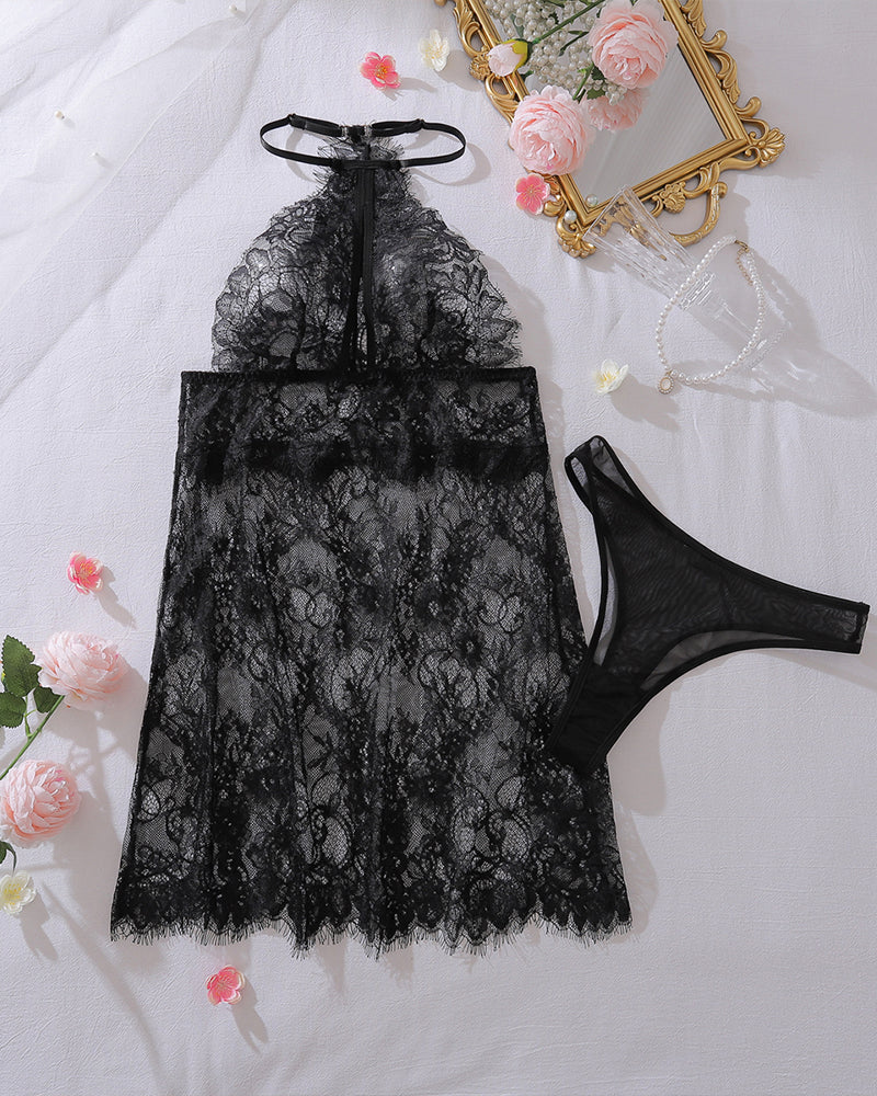 Black lace halter babydoll lingerie dress with matching sheer panties