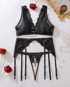 Black lace bra and garter belt with hanging suspenders