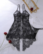 Black sheer lace babydoll with lace-up front and flared lace hem