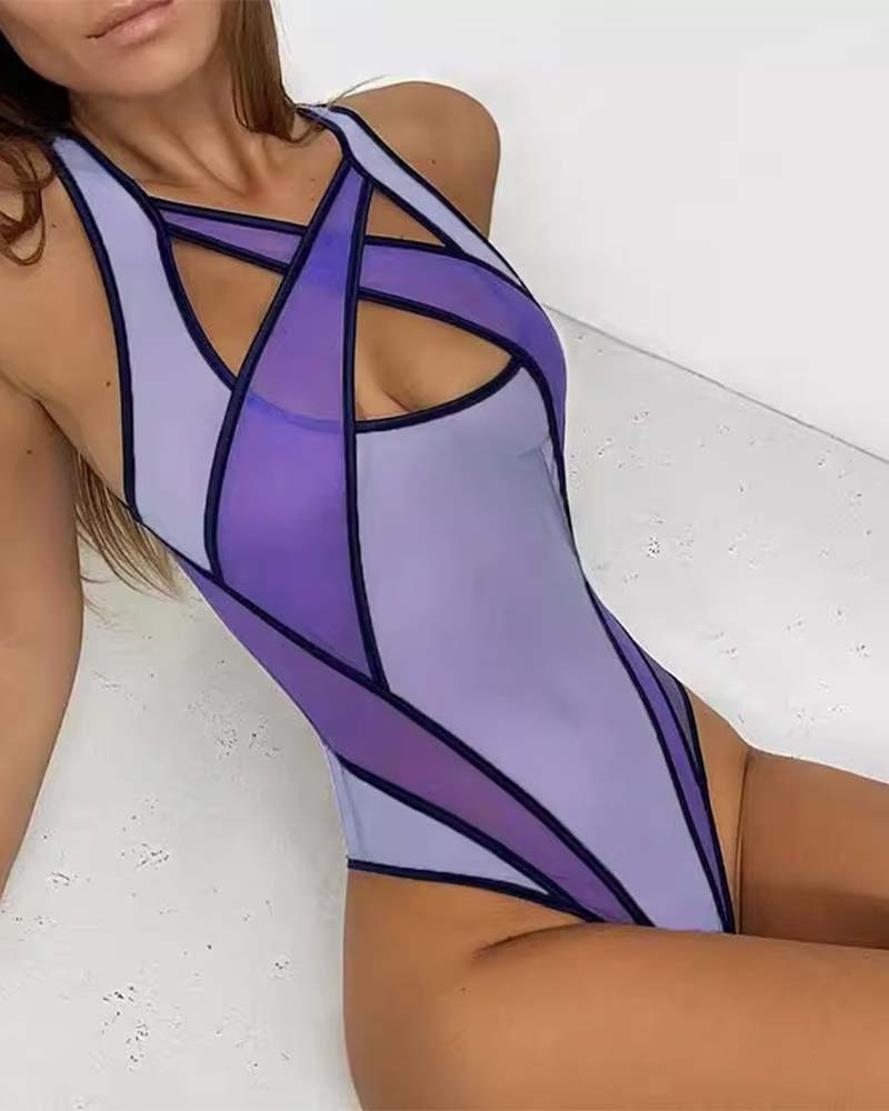 Purple mesh bodysuit with halter cutout neckline and vertical cage seams