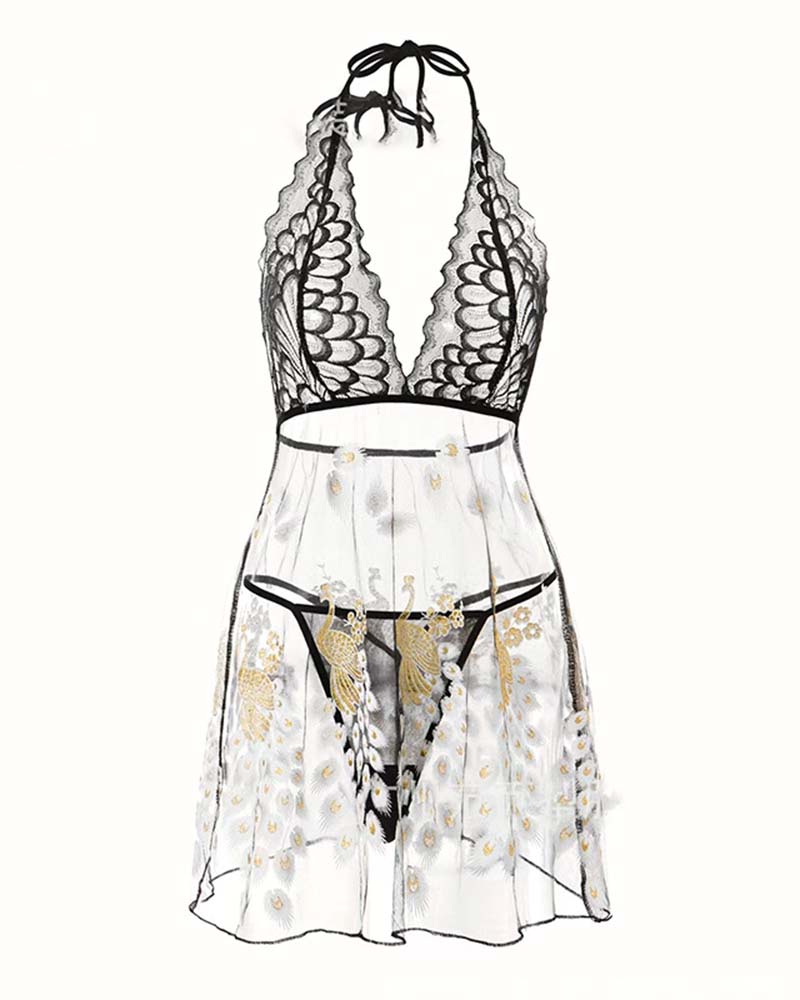 White sheer babydoll lingerie with black lace halter top and dangling tie straps