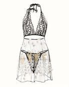 White sheer babydoll lingerie with black lace halter top and dangling tie straps