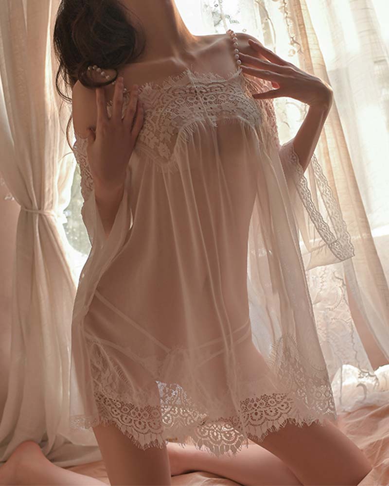 White sheer babydoll lingerie with pearl straps, lace trim, and off-shoulder flow
