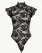 Floral lace bodysuit, black, short-sleeve lace front with high neckline