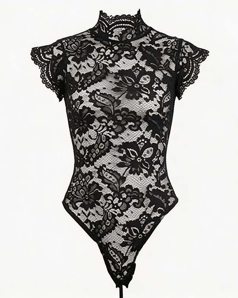 Floral lace bodysuit, black, short-sleeve lace front with high neckline