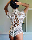 Floral lace bodysuit, white, open back with crisscross lace-up panel