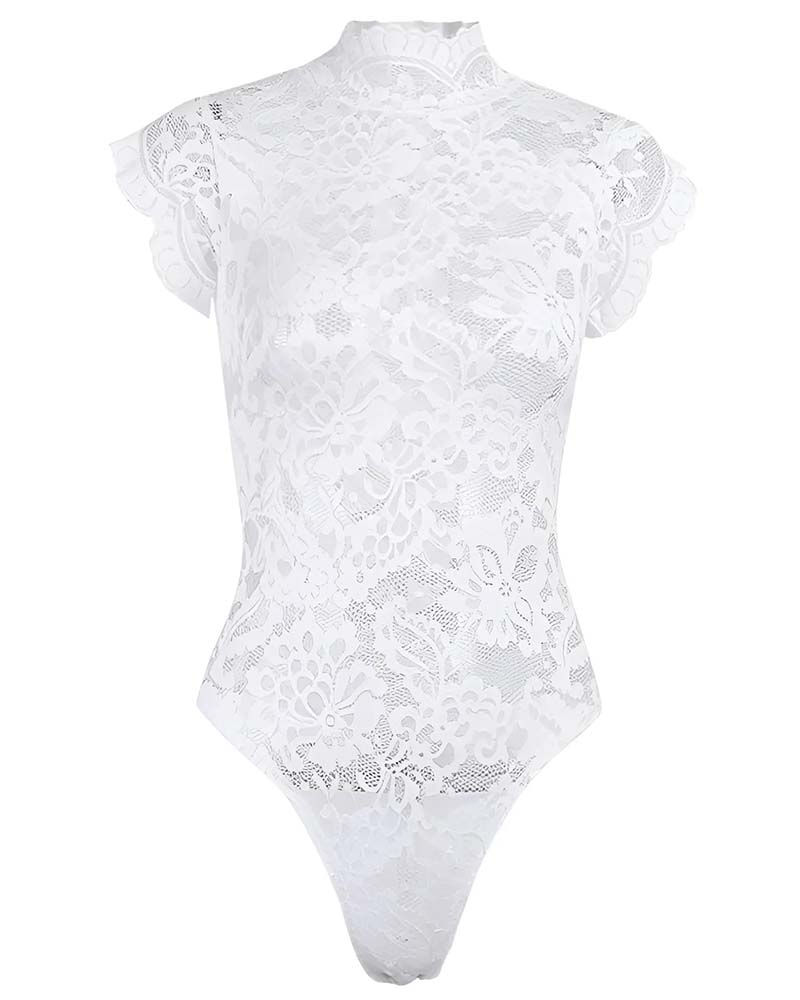 Floral lace bodysuit, white, short-sleeve lace with high neck