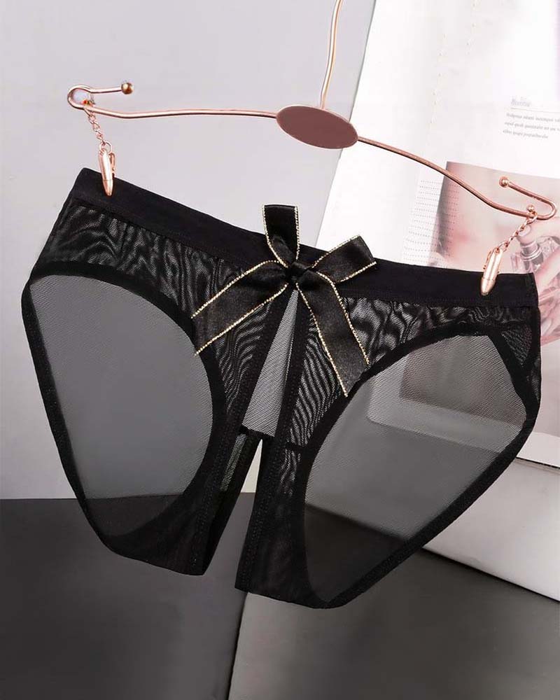 Black sheer mesh high-cut panties with satin bow at the center front