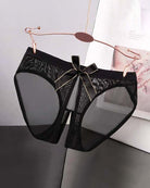 Black sheer mesh high-cut panties with center satin bow and mesh side panels