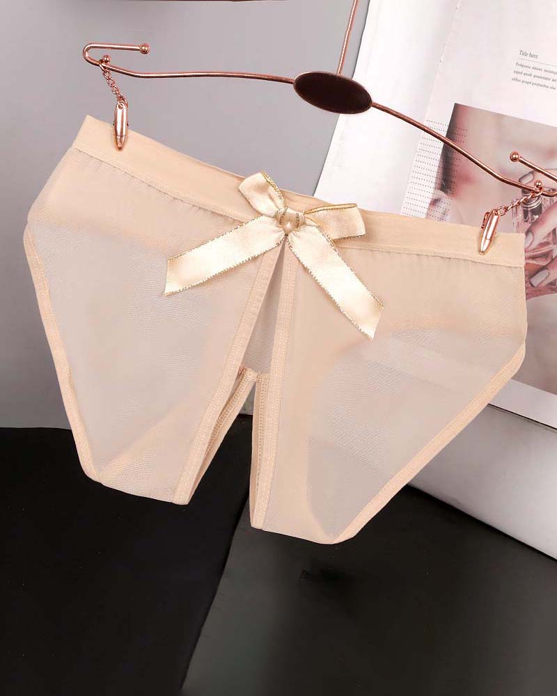 Ivory sheer mesh high-cut panties with satin bow at the center front
