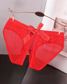 Red sheer mesh high-cut panties with satin bow at the center front