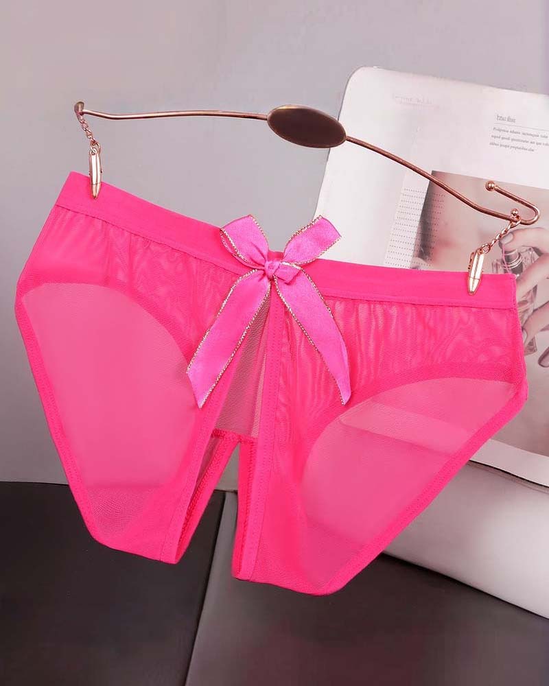 Pink sheer mesh high-cut panties with satin bow at the center front