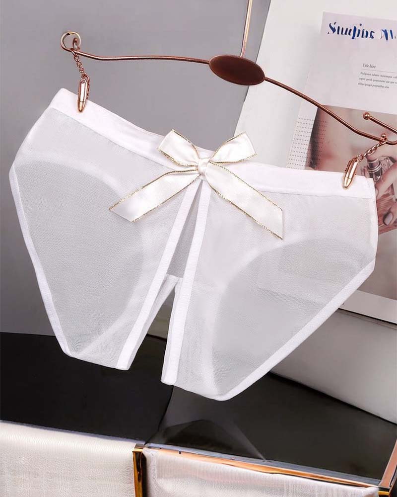 White sheer mesh high-cut panties with satin bow at the center front