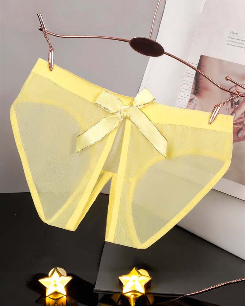 Yellow sheer mesh high-cut panties with satin bow at the center front