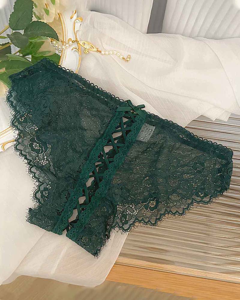 Green lace crisscross brief panties with lace-up center and scalloped edges