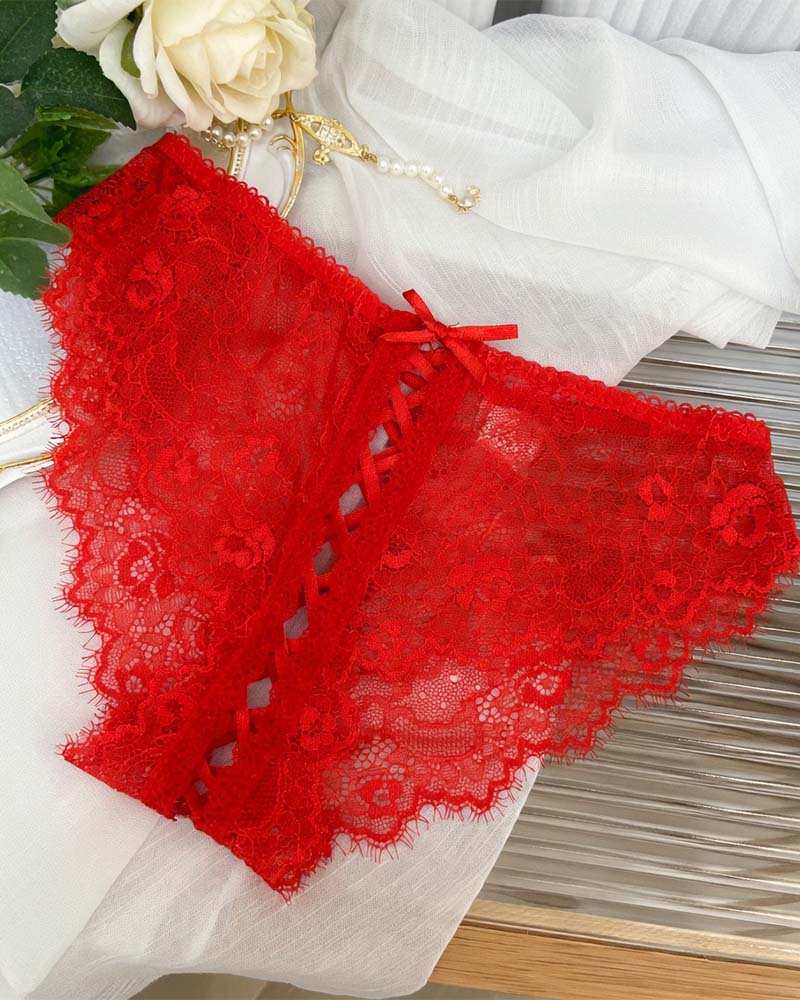 Red lace crisscross brief panties with lace-up front and scalloped edges