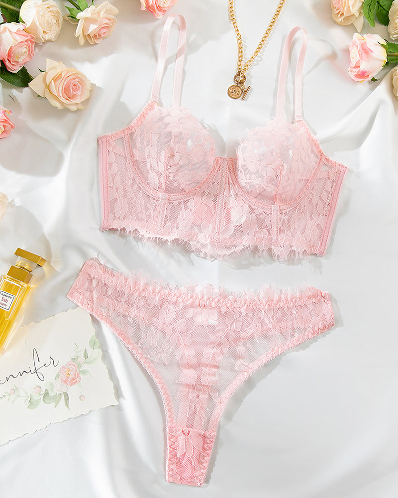 Pink floral lace bralette and panty set with scalloped trim