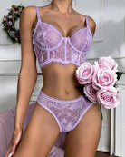 Lavender floral lace bralette and high-cut panty set, front view