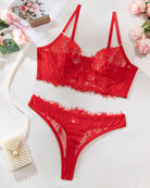 Red sheer floral embroidery bralette and matching thong panties set