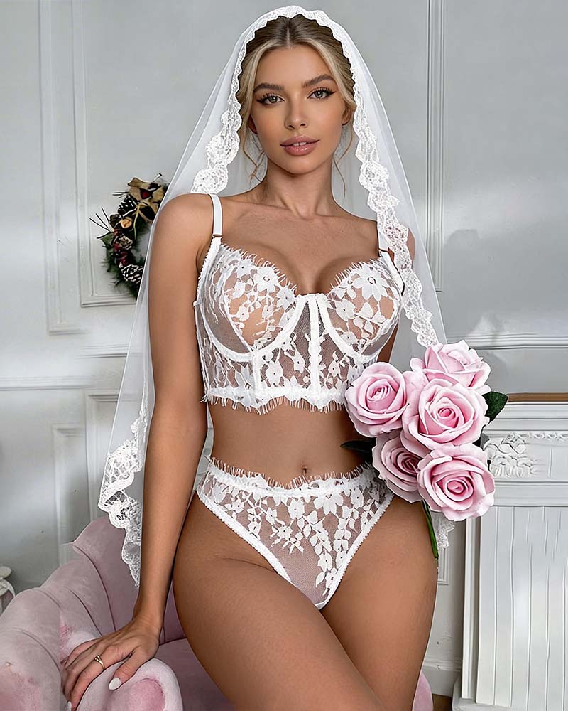 White floral lace bralette and high-cut panty set with lace veil detail