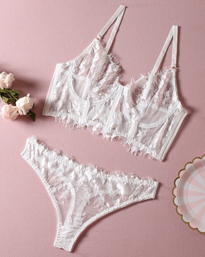 White sheer floral lace bralette and thong set with fringe trim