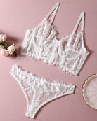 White sheer floral lace bralette and thong set with fringe trim