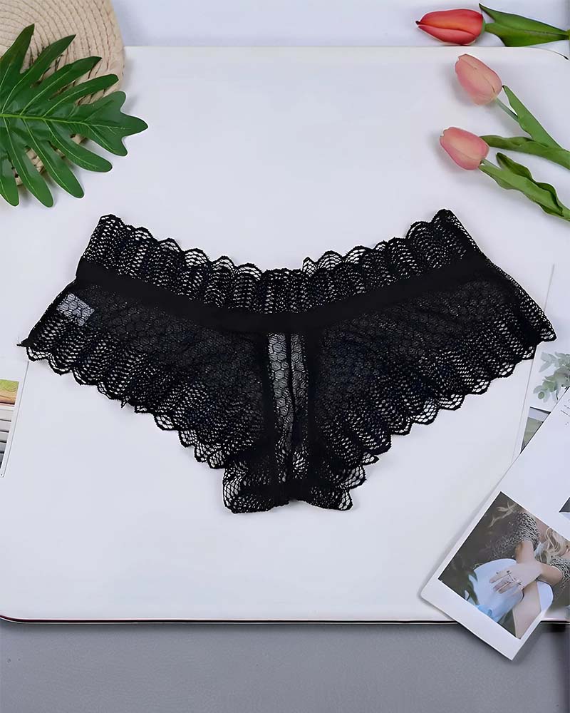 Floral lace crisscross panties, black, scalloped lace trim, crisscross front