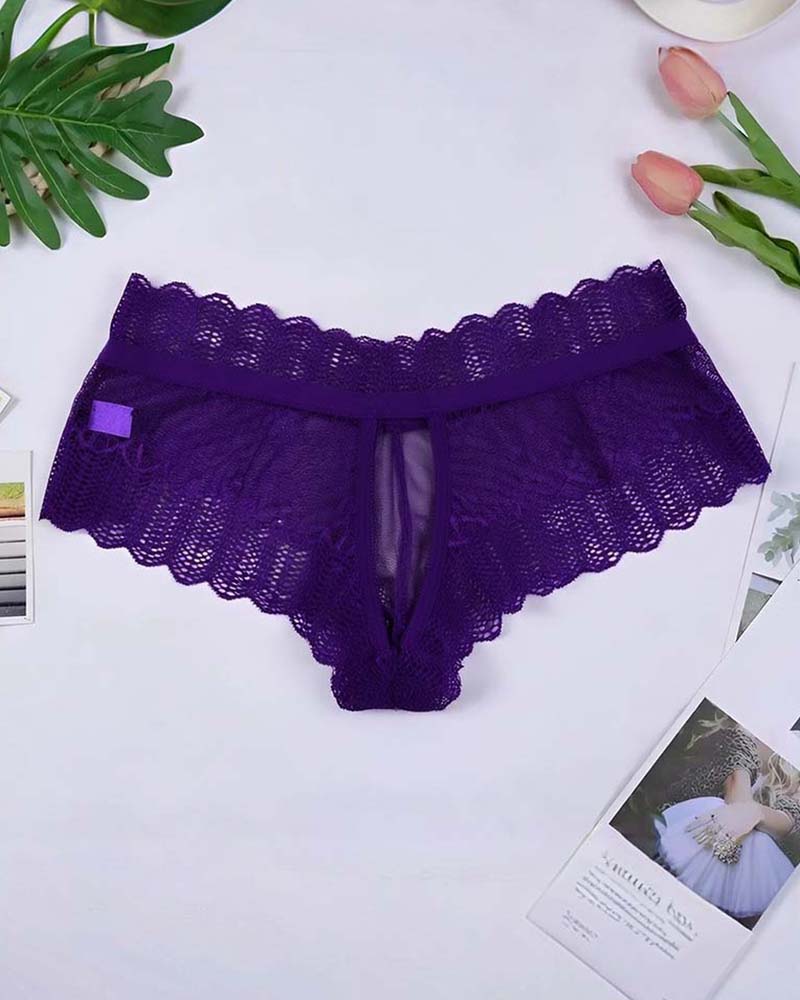 Floral lace crisscross panties, purple, scalloped lace trim, crisscross front