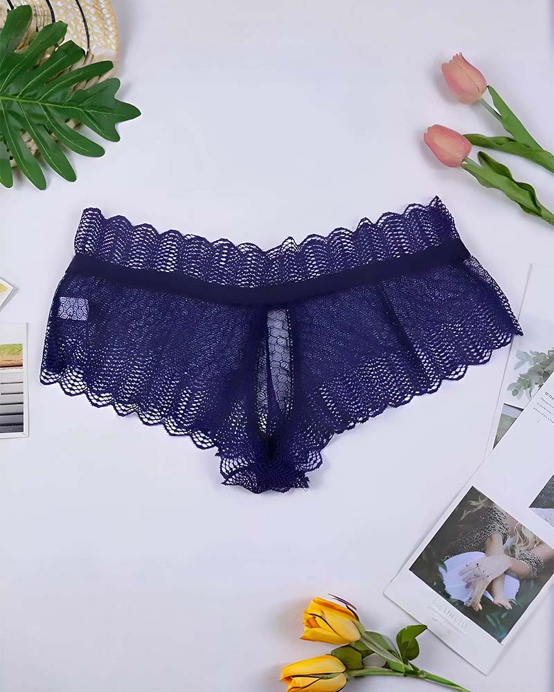 Floral lace crisscross panties, dark navy blue, scalloped lace trim, crisscross front