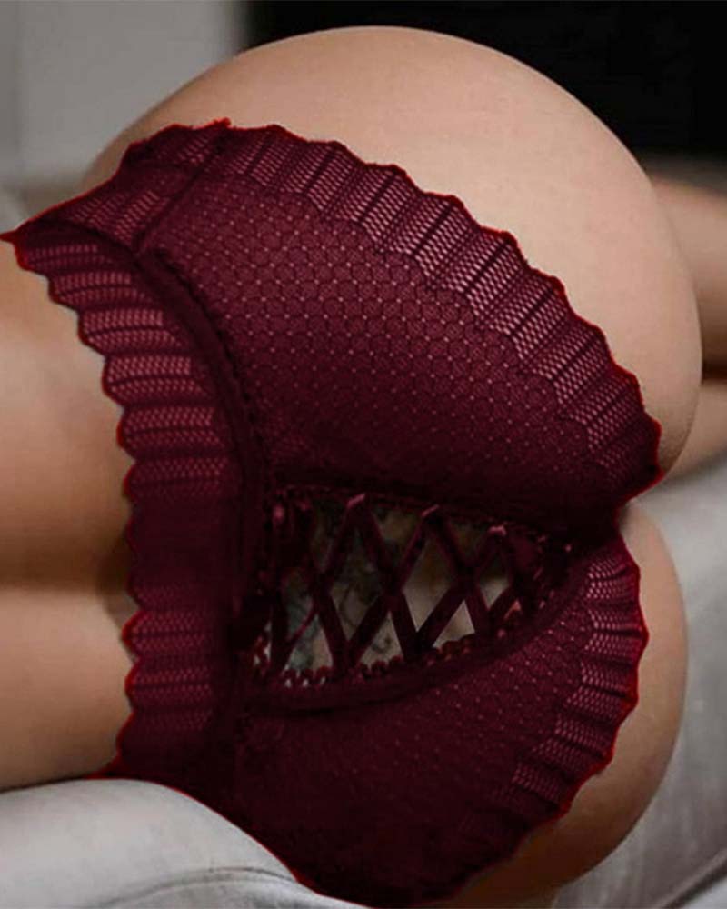 Floral lace crisscross panties, deep red, scalloped edges and lattice cutout