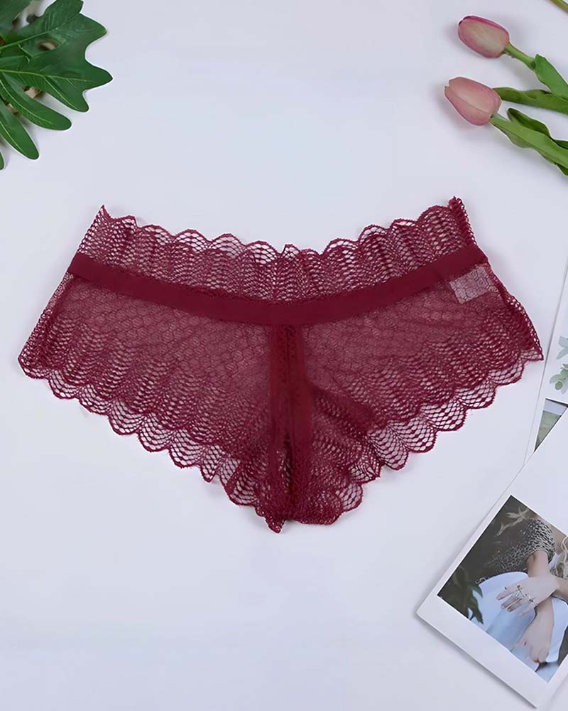 Floral lace crisscross panties, deep red, scalloped lace trim, crisscross front