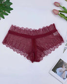 Floral lace crisscross panties, deep red, scalloped lace trim, crisscross front