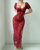 Wine red sheer floral lace maxi dress with short puff sleeves, fitted bodycon, slit