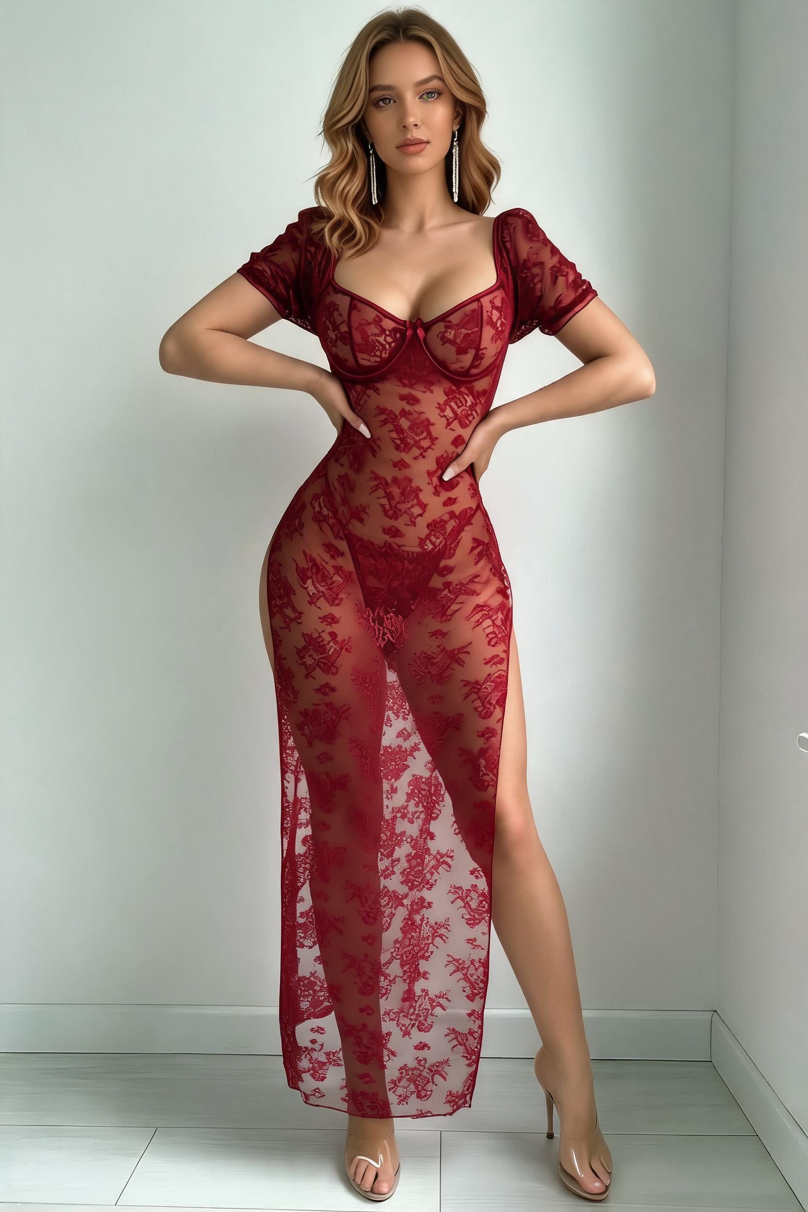 Wine red sheer floral lace maxi dress, short puff sleeves, fitted bodycon, leg slit