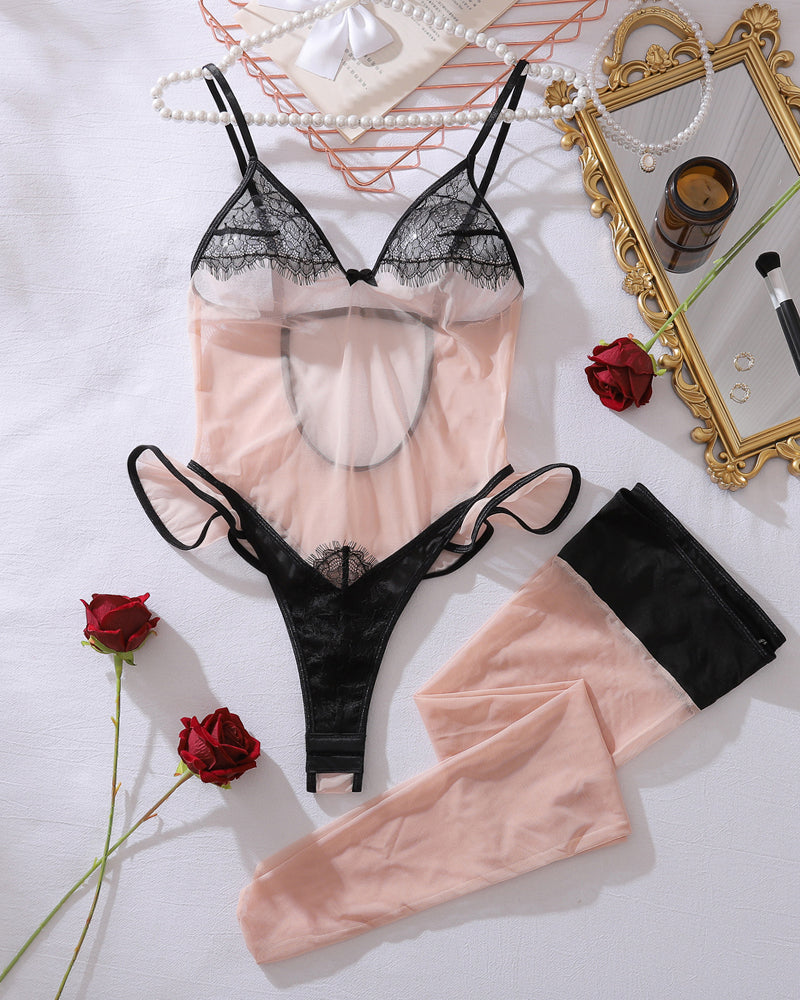 Black lace sheer bodysuit set with thigh-high stockings and open-back thong straps