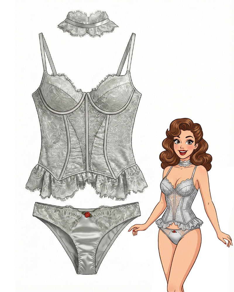 Silver lace corset bustier and matching thong, front flat lay with ruffled hem