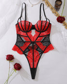 Red and black lace teddy bodysuit with plunge cups and sheer mesh front