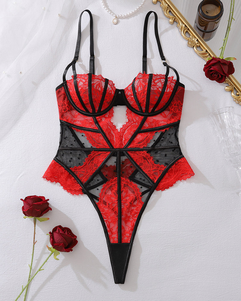 Red and black lace teddy bodysuit with plunge cups and sheer mesh front