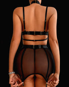 Black sheer mesh harness lingerie set, back view with strappy cage bodysuit and garters