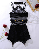 Black sheer mesh harness lingerie set laid flat: cage bodysuit with garter skirt
