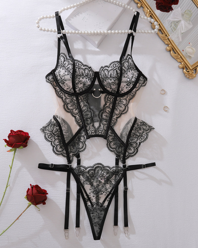 Black floral embroidered sheer mesh garter corset with lace cups and garter straps